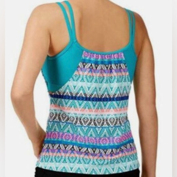 Go Gossip Womens Aqua Aztec Print Layered Cut Out Tankini Swimsuit Top Size XL - Picture 2 of 8